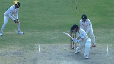 Screengrab of the moment when New Zealand were awarded five penalty runs in first Test match against hosts Pakistan (Twitter) Screengrab of the moment when New Zealand were awarded five penalty runs in first Test match against hosts Pakistan (Twitter)