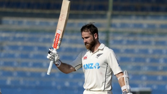 New Zealand's Kane Williamson celebrates after scoring 200 runs during the fourth day of first test cricket match between Pakistan and New Zealand, in Karachi, Pakistan, Thursday, Dec. 29, 2022. (AP Photo/Fareed Khan)(AP)