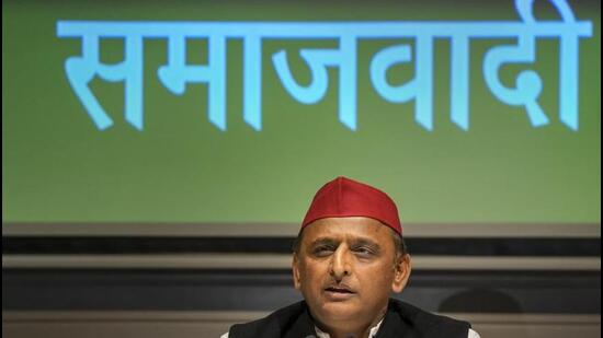 Samajwadi Party national president Akhilesh Yadav at a press conference in Lucknow on Thursday. (PTI PHOTO)