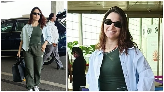 Tamannaah Bhatia too was spotted at the airport in olive green casuals paired with a denim shirt and a big handbag. She paused for a moment to pose for photographers. She was seen in Bollywood film Babli Bouncer this year among few others. (Varinder Chawla)
