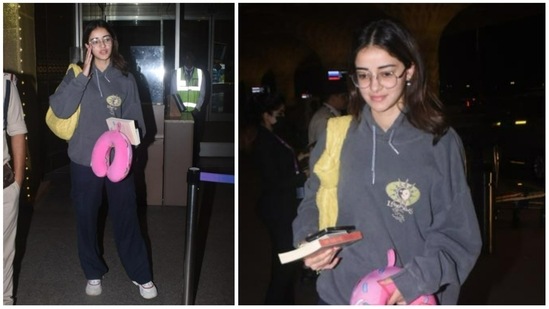 Ananya Panday is off for holidays too. She was hardly recognisable as she was seen in a grey hoodie and black pyjamas paired with glasses at the Mumbai airport. (Varinder Chawla)