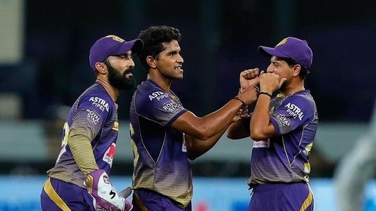 File photo of Shivam Mavi celebrating a wicket with ex-KKR teammates Dinesh Karthik and Kuldeep Yadav(PTI)