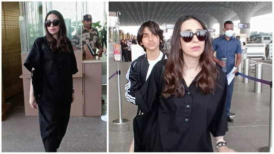 Karisma Kapoor too was seen at the Mumbai airport with son Kiaan Raj Kapur. The mother-son duo were twinning in black. The actor was recently in the UK for the Christmas celebrations. (Varinder Chawla)