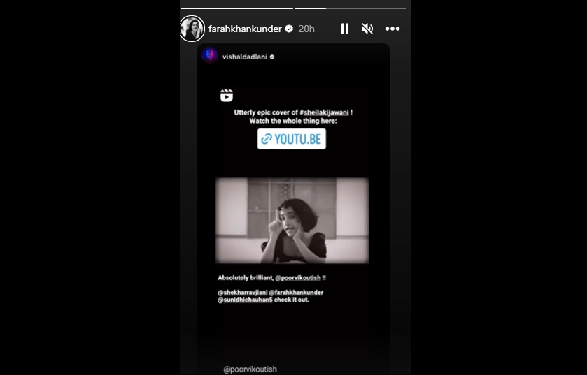 Screenshot of Farah Khan and Vishal Dadlani sharing the music video on their Instagram stories.(Instagram/@FarahKhan) Screenshot of Farah Khan and Vishal Dadlani sharing the music video on their Instagram stories.(Instagram/@FarahKhan)