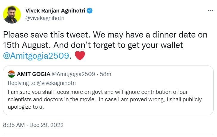 Vivek Agnihotri replied to a Twitter user.