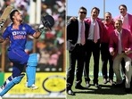 Ishan Kishan in the left frame and Australia legends Michael Clarke, Mark Nicholas, Michael Slater, Glenn McGrath, Brett Lee and the late Shane Warne on the right