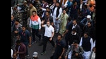 Congress leader Rahul Gandhi waves to supporters while leading his Bharat Jodo Yatra towards Ashram on December 24. (Raj K Raj/HT) Congress leader Rahul Gandhi waves to supporters while leading his Bharat Jodo Yatra towards Ashram on December 24. (Raj K Raj/HT)