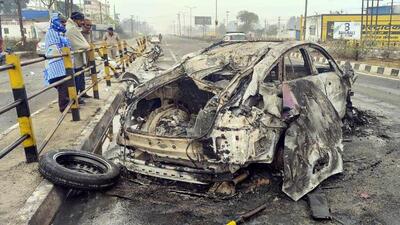 Charred remains of cricketer Rishabh Pant’s car. (PTI PHOTO) Charred remains of cricketer Rishabh Pant’s car. (PTI PHOTO)