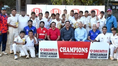 : Former India captain Dilip Vengsarkar (centre), ex-India spinner Dilip Doshi and Dronacharya awardee coach Dinesh Lad pose with the winning team of the Under-16 Dream11 Cup. : Former India captain Dilip Vengsarkar (centre), ex-India spinner Dilip Doshi and Dronacharya awardee coach Dinesh Lad pose with the winning team of the Under-16 Dream11 Cup.