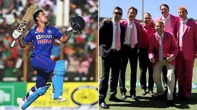 Ishan Kishan in the left frame and Australia legends Michael Clarke, Mark Nicholas, Michael Slater, Glenn McGrath, Brett Lee and the late Shane Warne on the right (Getty Images )