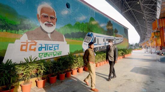 A wall painting of Prime Minister Narendra Modi at the Howrah station ahead of the inauguration of the Howrah-New Jalpaiguri Vande Bharat Express on Friday. (ANI Photo)