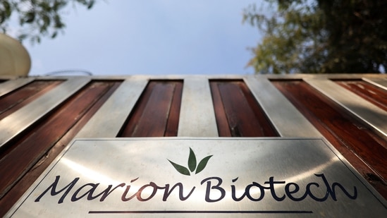 Logo of Marion Biotech, a healthcare and pharmaceutical company, seen on gate outside office in Noida on December 29, 2022. (REUTERS/Anushree Fadnavis)