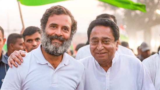 Congress leader Rahul Gandhi with Kamal Nath.(PTI)