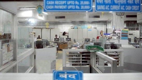 An unmanned customer service counter of a closed Maharashtra bank is pictured during a nationwide bank strike, in Mumbai. AFP Photo/Punit Paranjpe