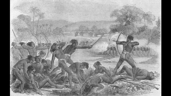 Attack by 600 Santhals on a party of 50 sepoys of the 40th regiment of the native infantry of the East India Company (Wikimedia Commons) Attack by 600 Santhals on a party of 50 sepoys of the 40th regiment of the native infantry of the East India Company (Wikimedia Commons)