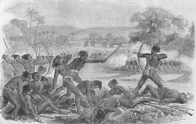 Attack by 600 Santhals on a party of 50 sepoys of the 40th regiment of the native infantry of the East India Company (Wikimedia Commons)