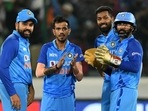 Yuzvendra Chahal with teammates Rohit Sharma, Dinesh Karthik, Hardik Pandya Yuzvendra Chahal with teammates Rohit Sharma, Dinesh Karthik, Hardik Pandya