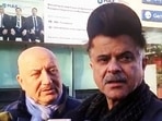 Anupam Kher and Anil Kapoor talk to media outside Max Hospital in Dehradun on Saturday. (PTI) Anupam Kher and Anil Kapoor talk to media outside Max Hospital in Dehradun on Saturday. (PTI)