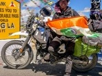 Chow Sureng Rajkonwar with his pet dog Bella at world's highest motorable road in Ladakh. (Instagram/@one_crazy_guy) Chow Sureng Rajkonwar with his pet dog Bella at world's highest motorable road in Ladakh. (Instagram/@one_crazy_guy)