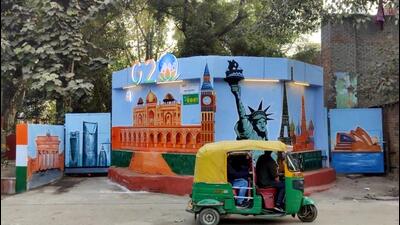 A mural set up near Rajghat as part of MCD’s preparations for the G20 summit. (PTI) A mural set up near Rajghat as part of MCD’s preparations for the G20 summit. (PTI)