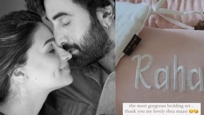 Alia Bhatt and Ranbir Kapoor (left); the picture Alia shared of Raha Kapoor's bedding set. Alia Bhatt and Ranbir Kapoor (left); the picture Alia shared of Raha Kapoor's bedding set.