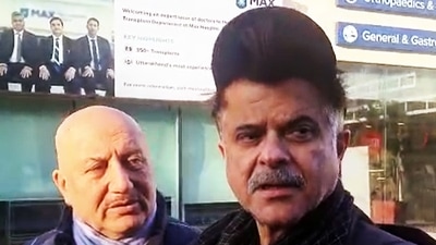 Anupam Kher and Anil Kapoor talk to media outside Max Hospital in Dehradun on Saturday. (PTI) Anupam Kher and Anil Kapoor talk to media outside Max Hospital in Dehradun on Saturday. (PTI)