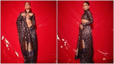 In the end, Bhumi chose statement earrings, a sleek top bun, shimmering eye shadow, winged eyeliner, nude lip shade, heavy mascara on the lashes, on-fleek brows, contoured face and glowing skin for the glam picks. (Instagram) In the end, Bhumi chose statement earrings, a sleek top bun, shimmering eye shadow, winged eyeliner, nude lip shade, heavy mascara on the lashes, on-fleek brows, contoured face and glowing skin for the glam picks. (Instagram)