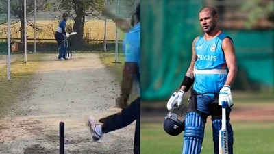Screengrab of Shikhar Dhawan training in the nets(left); his file photo (Instagram screengrab/file photo) Screengrab of Shikhar Dhawan training in the nets(left); his file photo (Instagram screengrab/file photo)