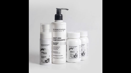 This hair care kit to prevent hair fall and boost regrowth contains a hair serum, shampoo, and hair wellness dietary supplements so you can target hair issues both internally and externally (All by Kosmoderma)