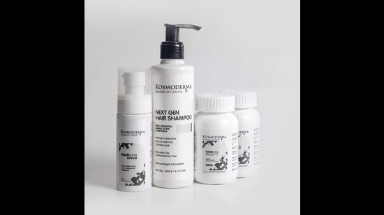 This hair care kit to prevent hair fall and boost regrowth contains a hair serum, shampoo, and hair wellness dietary supplements so you can target hair issues both internally and externally (All by Kosmoderma)