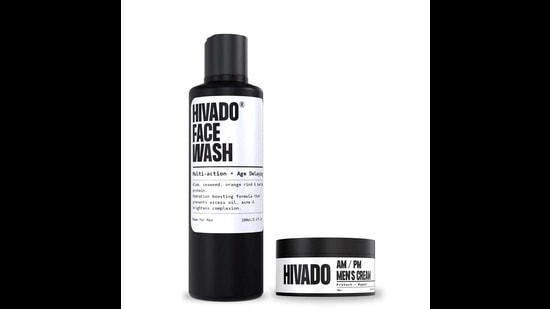 This duo includes a multi-action and age-delaying face wash that cleanses grime, dirt, and excess oil and a day and night cream which provides blue light defense and offers UVA and UVB protection (Both by Hivado)