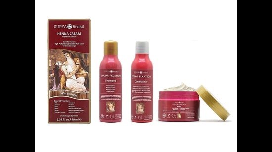 This all-natural hair combo includes a henna cream hair colour, colour-friendly shampoo and conditioner as well as a hair mask, and ensures your hair looks and feels just as good (All by Surya Brasil)