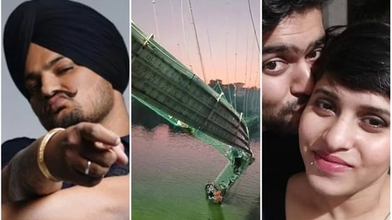 L-R: Punjabi rapper and politician Sidhu Moose Wala, the site of Morbi bridge collapse, and Shraddha Walkar with her boyfriend and killer Aaftab Poonawala.
