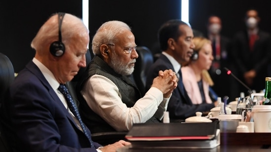 PM Modi and Joe Biden attend during a G20 session in Indonesia.(MEA/ Twitter) PM Modi and Joe Biden attend during a G20 session in Indonesia.(MEA/ Twitter)