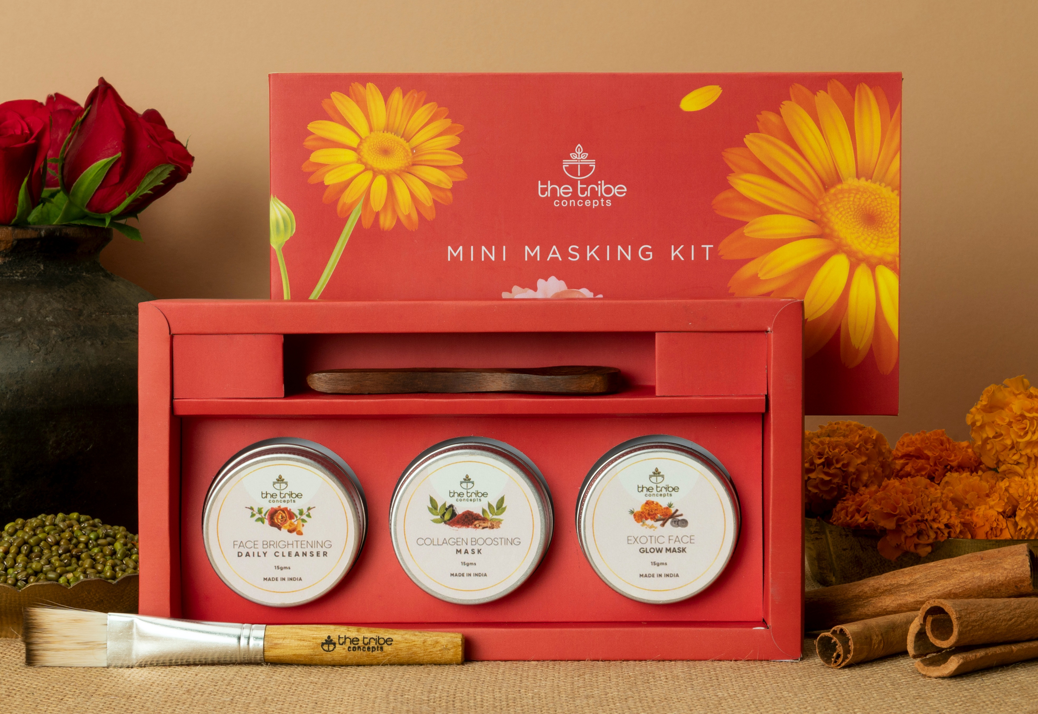 This box comes with three masks made with Ayurvedic formulations that provide result based benefits including boosting the natural collagen of skin, increase firmness, illuminate, reduce pigmentation, and minimise pores (Mini Masking Kit by The Tribe Concepts) This box comes with three masks made with Ayurvedic formulations that provide result based benefits including boosting the natural collagen of skin, increase firmness, illuminate, reduce pigmentation, and minimise pores (Mini Masking Kit by The Tribe Concepts)