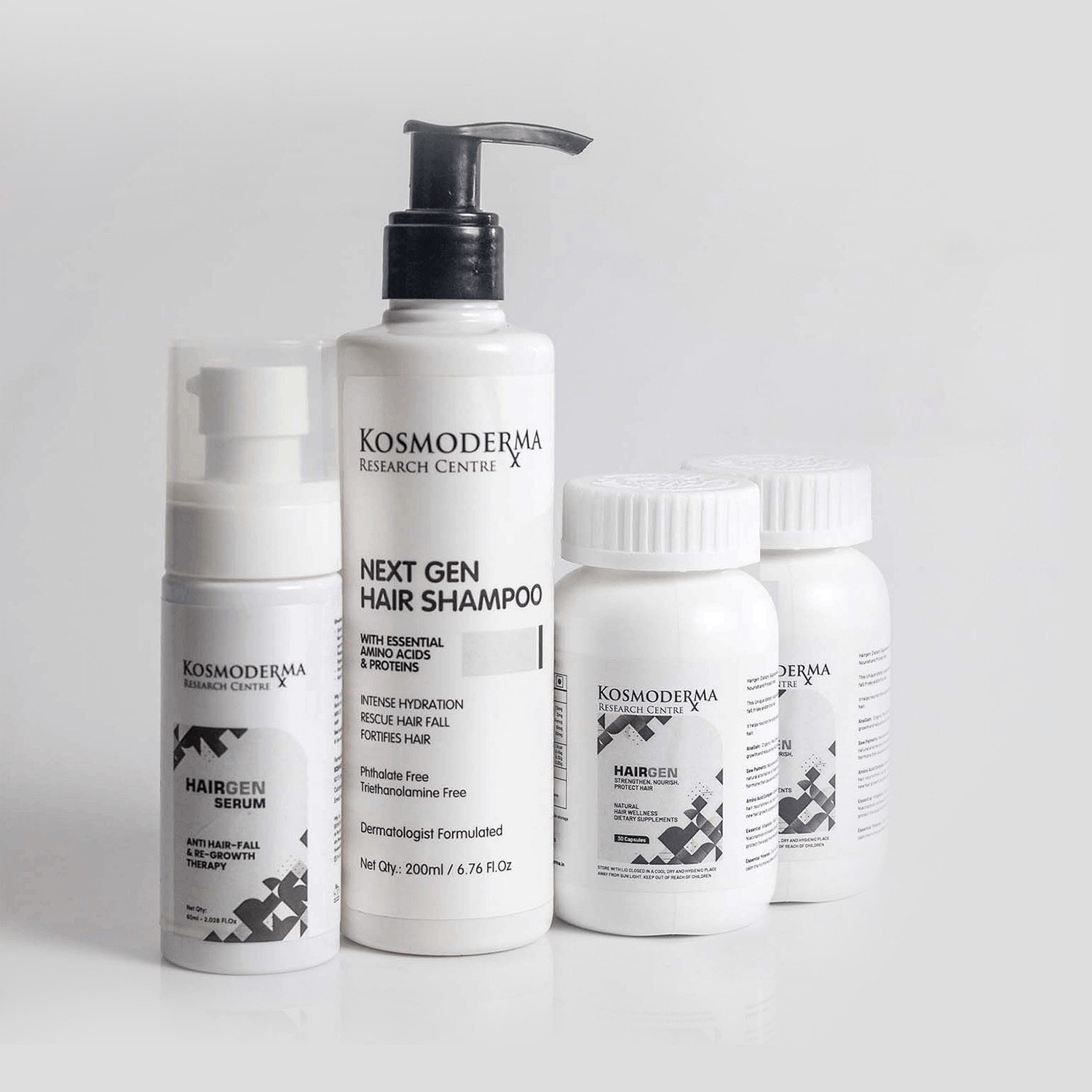 This hair care kit to prevent hair fall and boost regrowth contains a hair serum, shampoo, and hair wellness dietary supplements so you can target hair issues both internally and externally (All by Kosmoderma) This hair care kit to prevent hair fall and boost regrowth contains a hair serum, shampoo, and hair wellness dietary supplements so you can target hair issues both internally and externally (All by Kosmoderma)