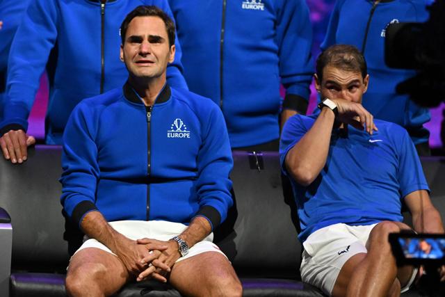 Roger Federer (L) sheds a tear after playing his final match, a doubles with Rafael Nadal. (Photo: Glyn Kirk/ AFP) Roger Federer (L) sheds a tear after playing his final match, a doubles with Rafael Nadal. (Photo: Glyn Kirk/ AFP)