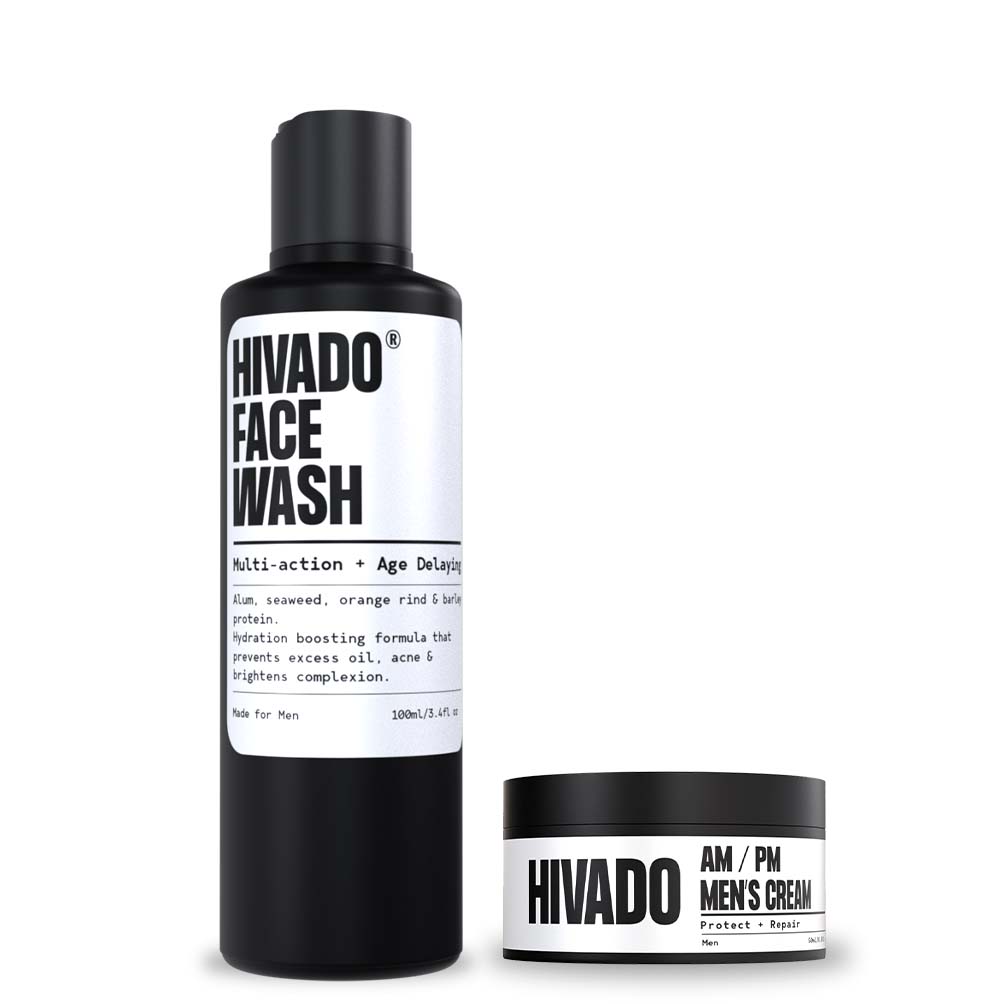 This duo includes a multi-action and age-delaying face wash that cleanses grime, dirt, and excess oil and a day and night cream which provides blue light defense and offers UVA and UVB protection (Both by Hivado) This duo includes a multi-action and age-delaying face wash that cleanses grime, dirt, and excess oil and a day and night cream which provides blue light defense and offers UVA and UVB protection (Both by Hivado)