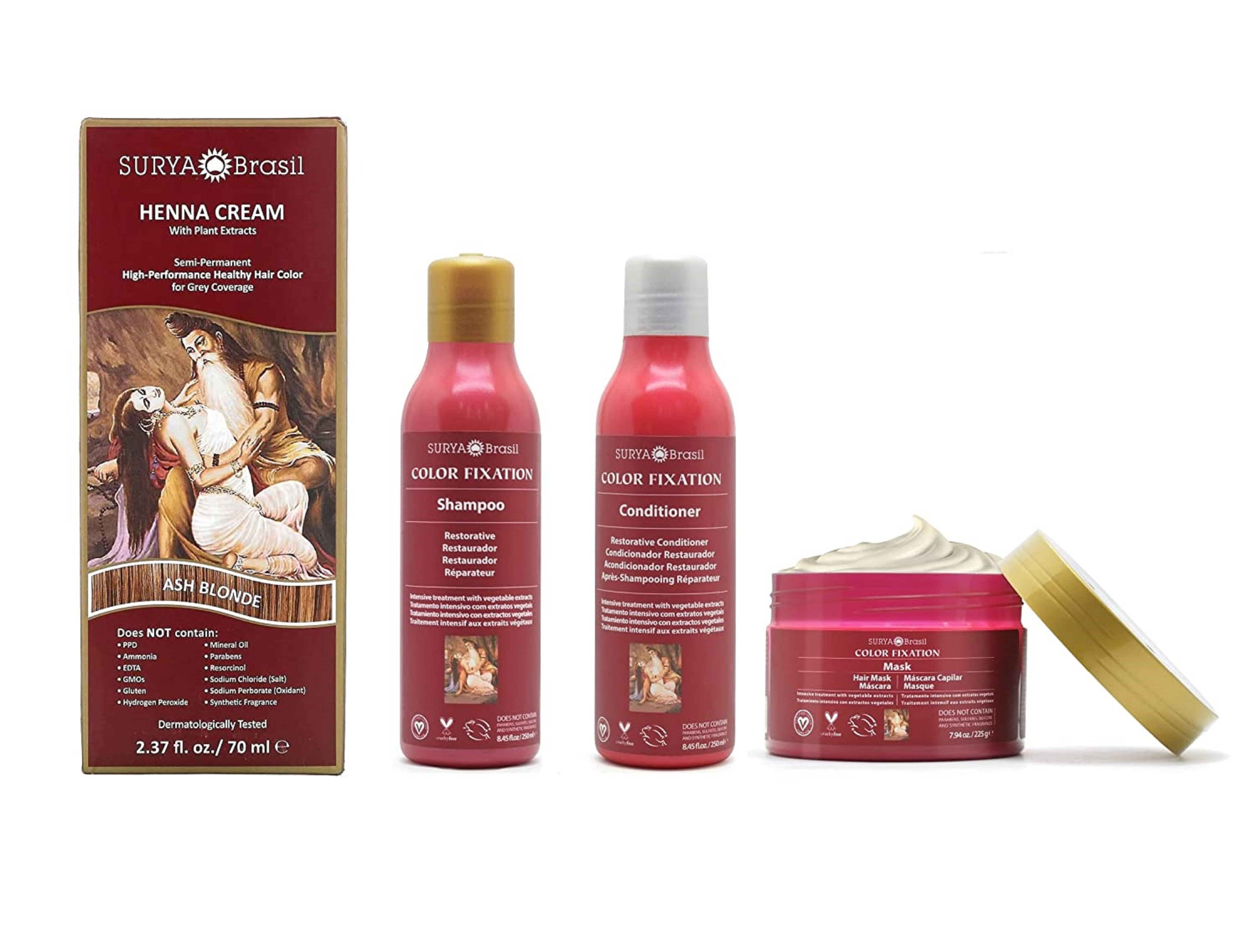 This all-natural hair combo includes a henna cream hair colour, colour-friendly shampoo and conditioner as well as a hair mask, and ensures your hair looks and feels just as good (All by Surya Brasil) This all-natural hair combo includes a henna cream hair colour, colour-friendly shampoo and conditioner as well as a hair mask, and ensures your hair looks and feels just as good (All by Surya Brasil)