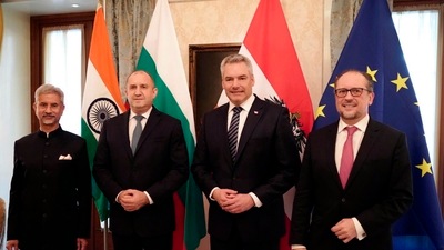 External Affiars Minister S. Jaishankar with Bulgaria President Rumen Georgiev Radev, Austrian Chancellor Karl Nehammer before the New Year concert and other, in Vienna on Sunday. (PTI) External Affiars Minister S. Jaishankar with Bulgaria President Rumen Georgiev Radev, Austrian Chancellor Karl Nehammer before the New Year concert and other, in Vienna on Sunday. (PTI)