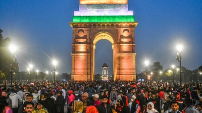 New Delhi: People throng India Gate for the New Year celebrations, in New Delhi, (PTI) New Delhi: People throng India Gate for the New Year celebrations, in New Delhi, (PTI)