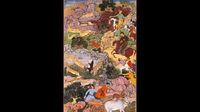 Painting from Akbarnama depicts Citr Najan hunting Black buck as Akbar watched. (VICTORIA & ALBERT MUSEUM, LONDON)