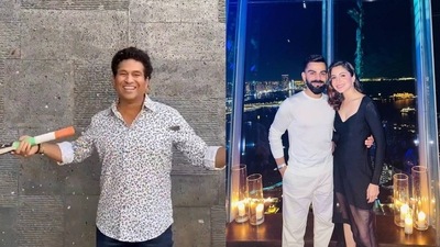 Screengrab of Sachin Tendulkar's post; Virat Kohli with wife Anushka Sharma (Twitter)