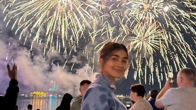Pooja Hegde posed in front of fireworks display on a beach, and shared her pictures with the caption, “Relaxed, happy and all things magical 2023.” 