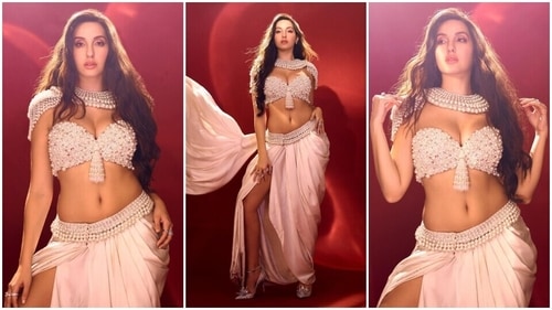 Nora Fatehi stuns in a pearl-white bralette and skirt set. (Instagram) Nora Fatehi stuns in a pearl-white bralette and skirt set. (Instagram)