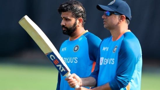 India captain Rohit Sharma and coach Rahul Dravid(AP)