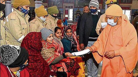 Chief minister Yogi Adityanath listens to the grievances of people during the Janata Darshan programme, in Gorakhpur on Sunday. (CM OFFICE, GoUP,TWITTER/ANI)