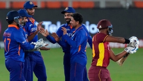 Kuldeep Yadav celebrates after picking a wicket with teammates(AP/File Photo) Kuldeep Yadav celebrates after picking a wicket with teammates(AP/File Photo)