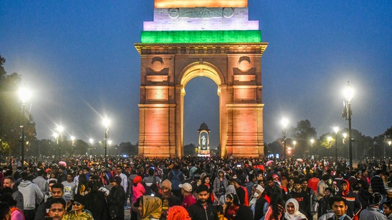 New Delhi: People throng India Gate for the New Year celebrations, in New Delhi,(PTI) New Delhi: People throng India Gate for the New Year celebrations, in New Delhi,(PTI)