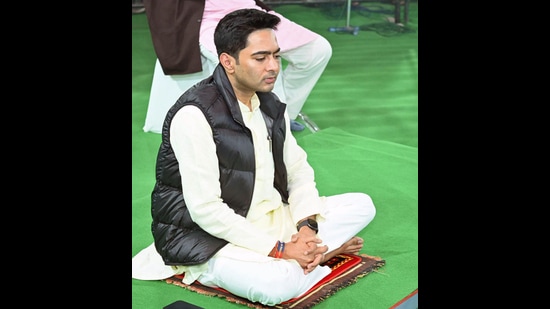 Trinamool Congress (TMC) national general secretary Abhishek Banerjee during the Bhumi Pujan for the new Trinamool Bhavan on the party's foundation day, in Kolkata on Sunday. (ANI) Trinamool Congress (TMC) national general secretary Abhishek Banerjee during the Bhumi Pujan for the new Trinamool Bhavan on the party's foundation day, in Kolkata on Sunday. (ANI)
